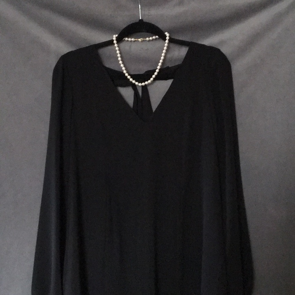 Women’s shift dress with sheer sleeves.